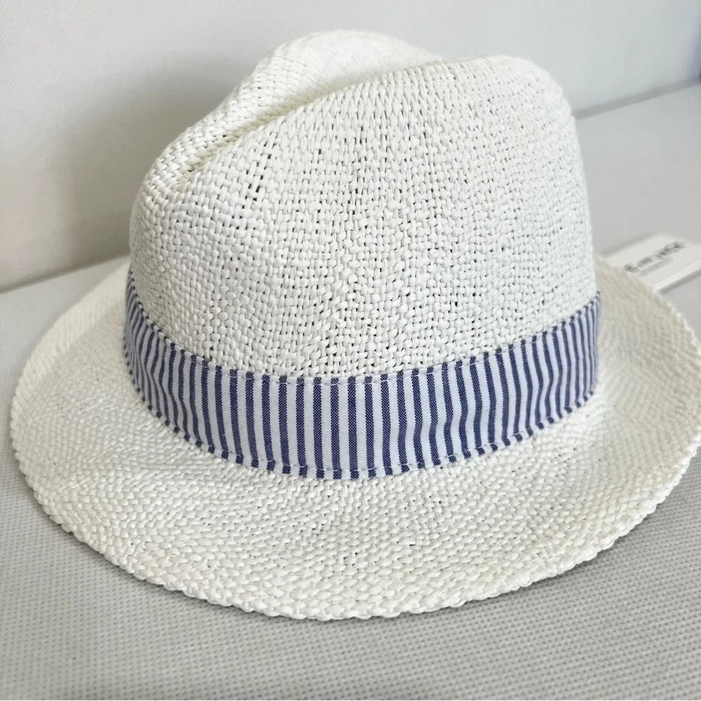 Janie And Jack Fedora Straw Hat Blue Striped Around Detail Kids Size 6-12 Months